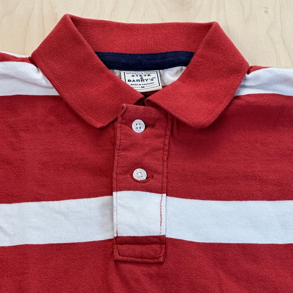 Vintage Steve & Barry's Mens Red and White Striped Long Sleeve Rugby Polo Shirt